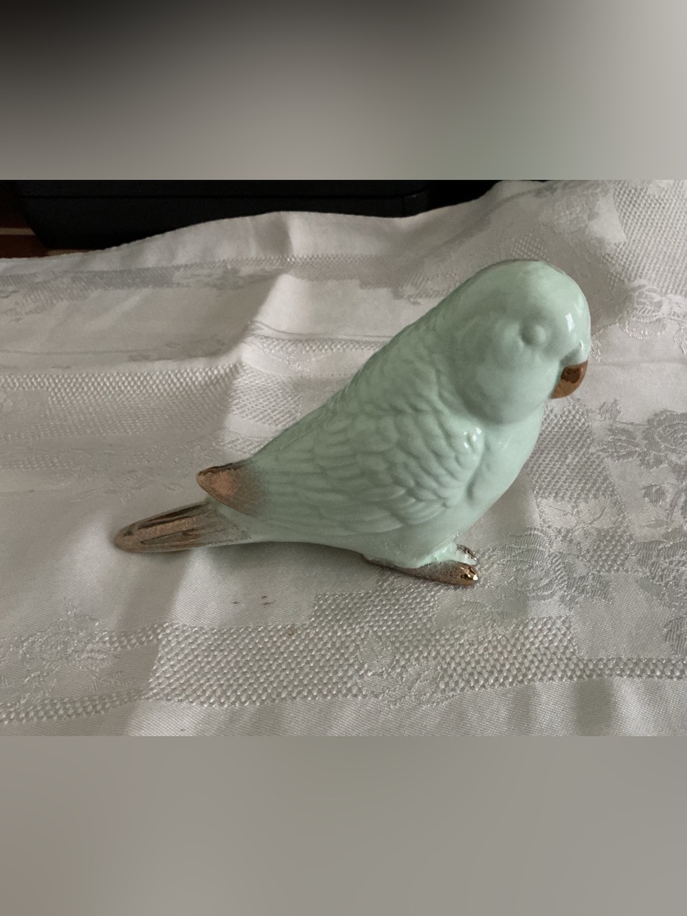Ceramic Mint Green Bird Figurine with Gold Accents - Decorative Pet Bird Decor